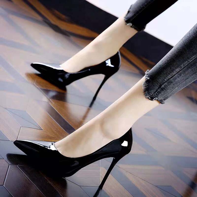 European and American Style Black Formal Professional Shoes for Women, Stiletto Heels, 2025 New Shallow Mouth Patent Leather Nude High Heels for Women