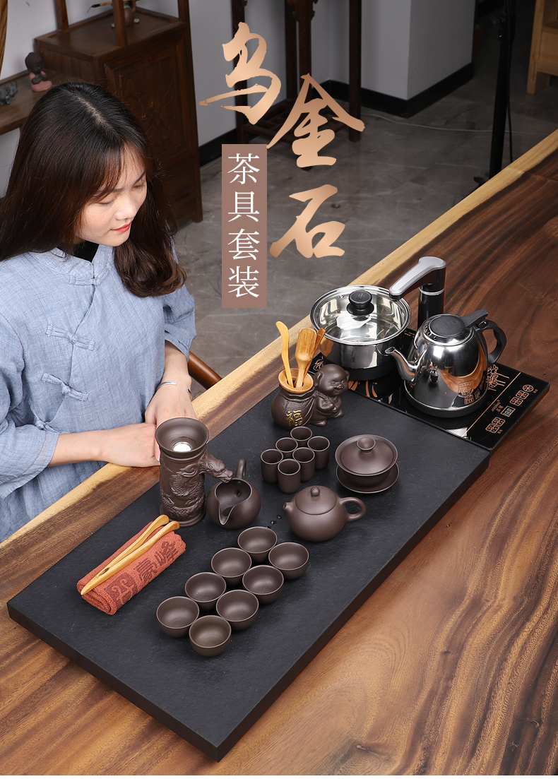 HaoFeng purple sand tea set household sharply stone tea tray was real wood of a complete set of kung fu tea tea teapot teacup