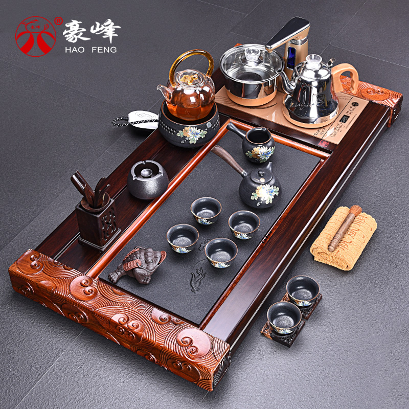 HaoFeng purple sand tea set home four unity automatically ebony tea tray was kung fu tea tea tea