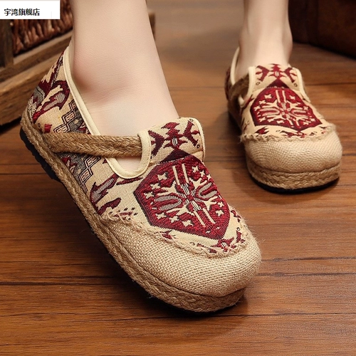 Трендовые этнические туфли, слипоны, сандалии, тапочки, из хлопка и льна, этнический стиль, осенние