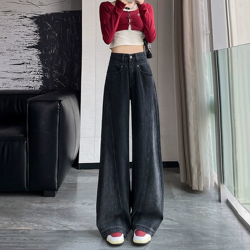 Черные осенние джинсы, демисезонные дизайнерские штаны для отдыха, свободный крой, высокая талия, оверсайз