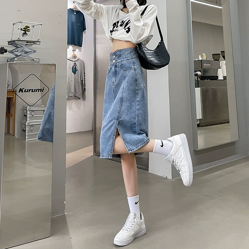 Осенняя дизайнерская джинсовая юбка, средней длины, высокая талия, тренд сезона, А-силуэт