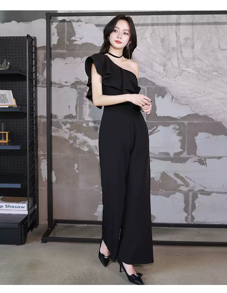 黑色晚礼服女2025新款高端轻奢小众法式生日party连体裤平时可穿