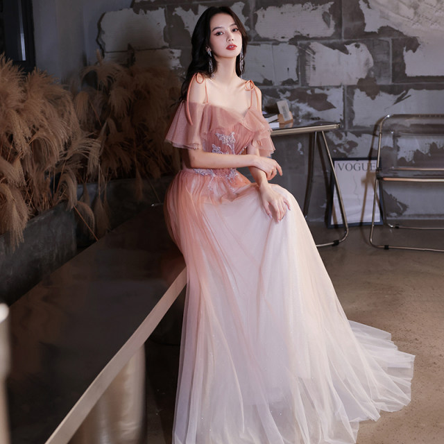 Pink evening dress skirt female banquet temperament French light luxury niche high-end design sense advanced sense host autumn and winter