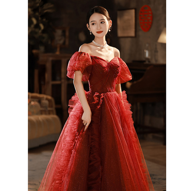 French evening dress skirt high-end women's long style fugitive princess light luxury high-end niche toast clothing red autumn and winter