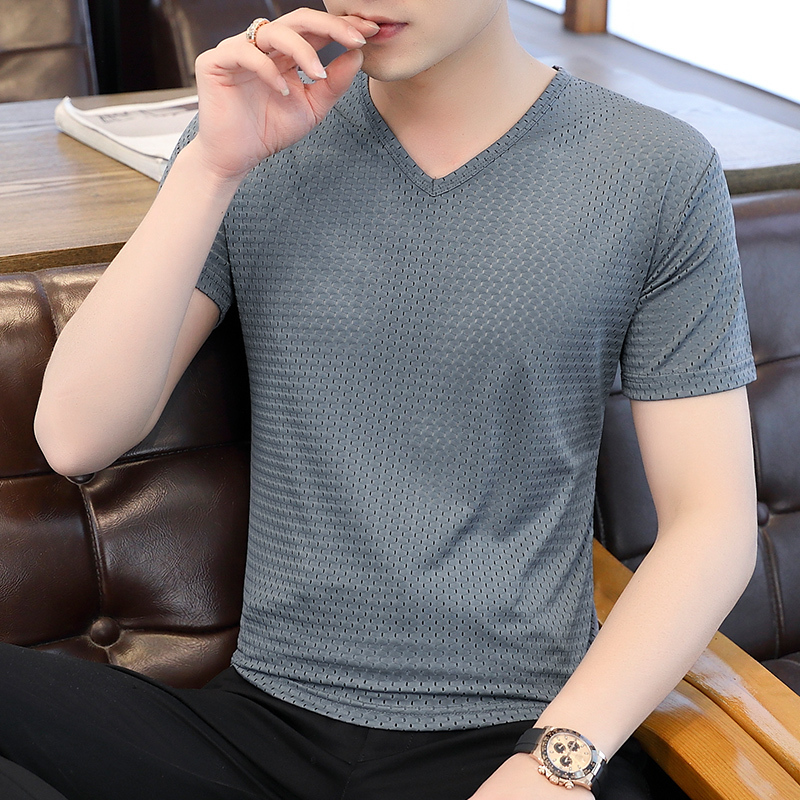 Ice Silk Mesh Quick-Drying Men's Short-Sleeve T-Shirt with Sweetheart V-Neck, Hollow-Out Ice-Feel Grid Breathable Half-Sleeve Base Shirt Trendy