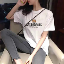 Europe Station 2022 Summer New Loose Pure Cotton Small Bear Cartoon Alphabet Printed Short Sleeve White T-Shirt Women Load Wave