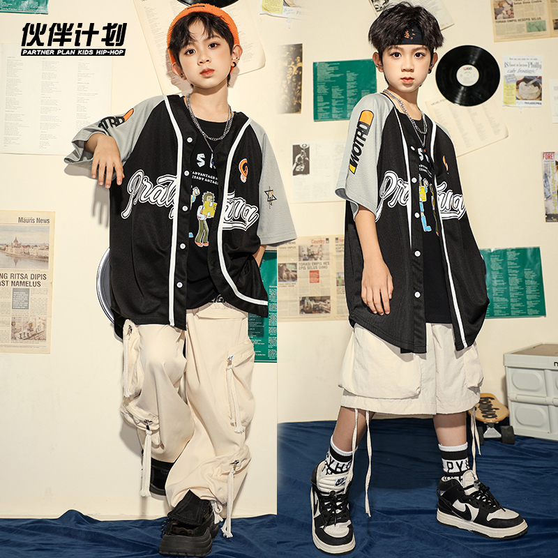 Street dance Children's wave clothes men and women hip-hop summer loose handsome baseball clothes suit fewer children hiphop plays out-Taobao