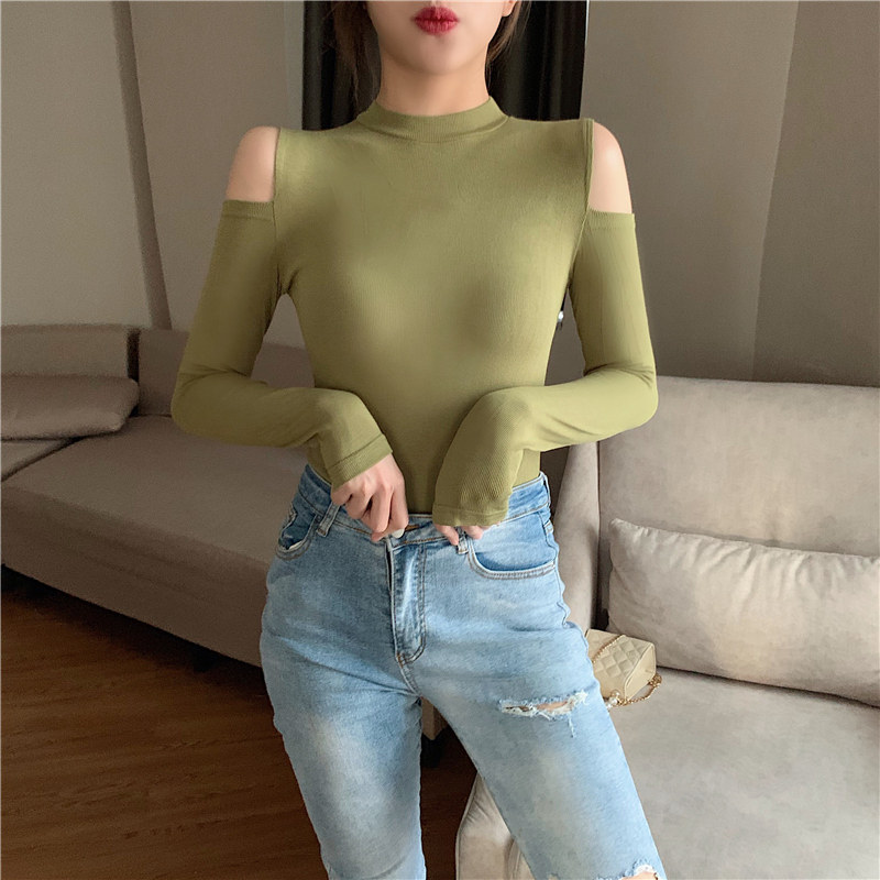 Блузка 性感露肩修身显瘦气质黑色打底衫女体恤上衣ins百搭港风2025秋冬