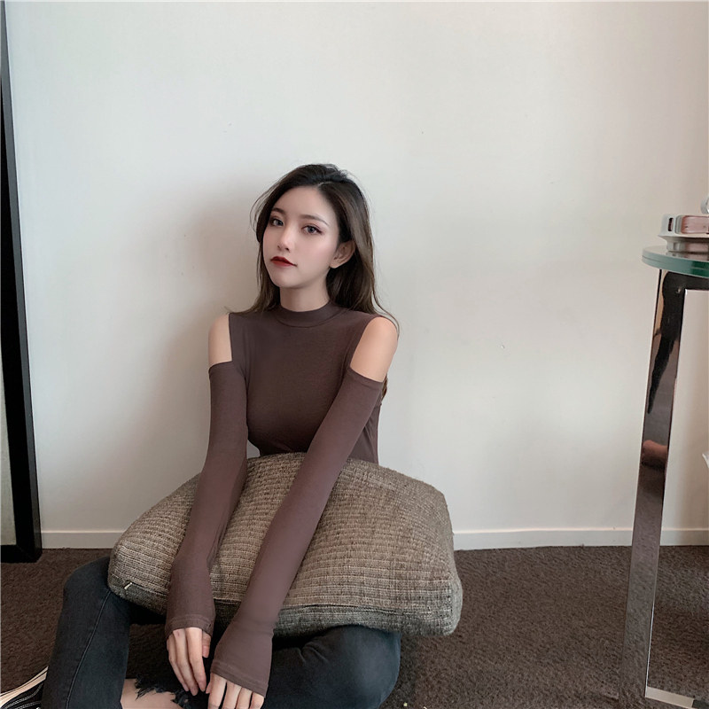 Блузка 性感露肩修身显瘦气质黑色打底衫女体恤上衣ins百搭港风2025秋冬