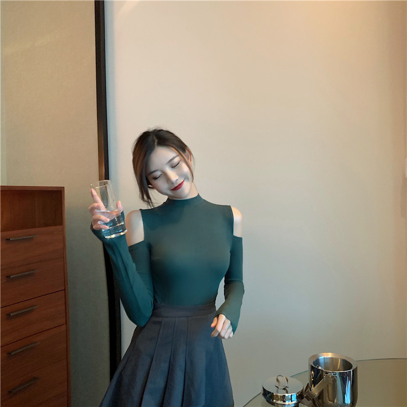 Блузка 性感露肩修身显瘦气质黑色打底衫女体恤上衣ins百搭港风2025秋冬
