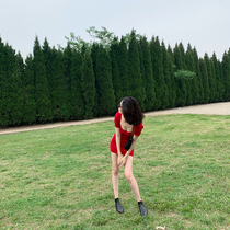 2020 Summer new womens plus size red square collar skirt temperament goddess fan dress French niche dress