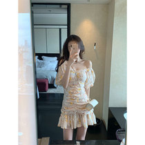 Summer 2021 new womens large size floral bubble sleeve skirt temperament goddess fan dress square collar dress