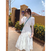 2020 Summer new womens plus size white V-neck skirt temperament goddess fan dress lace slim dress