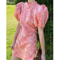 2021 summer new womens plus size floral bubble sleeves dating small skirt temperament goddess fan dress dress