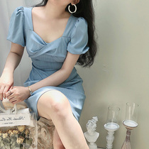 2020 Summer new womens plus size blue bubble sleeve skirt French niche can sweet salt slim dress