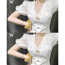 Summer 2021 new womens large size white bubble sleeve skirt temperament goddess fan clothes V collar dress