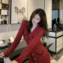 2020 Autumn Winter Dress New Womens Dress Big Code Red Little Fragrant Wind V Collar Skirt This Year Popular Hit Undercoat Dress