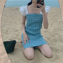 2020 Summer New Women Plus Size Hepburn Style Salted Sweet Dress Blue Short Slim Straight Skirt