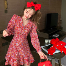 2021 Spring paragraph new womens dress big code small scented wind red crushed flowers v collar dress lukewarm and superior sense of dress