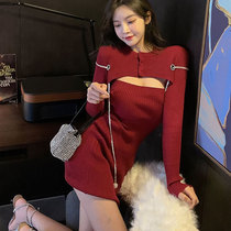 2020 autumn and winter new Chinese New Year Womens dress big code red New Year clothes skirt small fragrant wind back door knitted dress