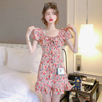 2020 Summer new large size womens dress shoulder skirt goddess fan clothes za flowers small fragrance temperament wind dress