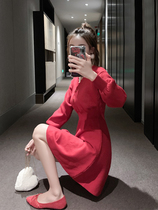 2020 Autumn new female red festive V-collar fairy inside knitted dress dress temperament goddess style clothes