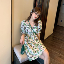 2020 Summer new womens size small fragrance temperament wind skirt goddess fan clothes za floral bubble sleeve dress