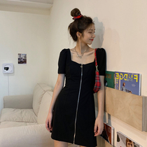 Summer 2021 new womens large size black bubble sleeve skirt temperament goddess fan dress square collar dress