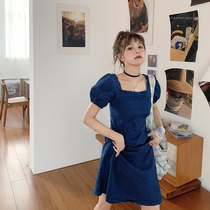 2020 Summer new womens plus size blue bubble sleeve skirt temperament goddess fan dress denim dress