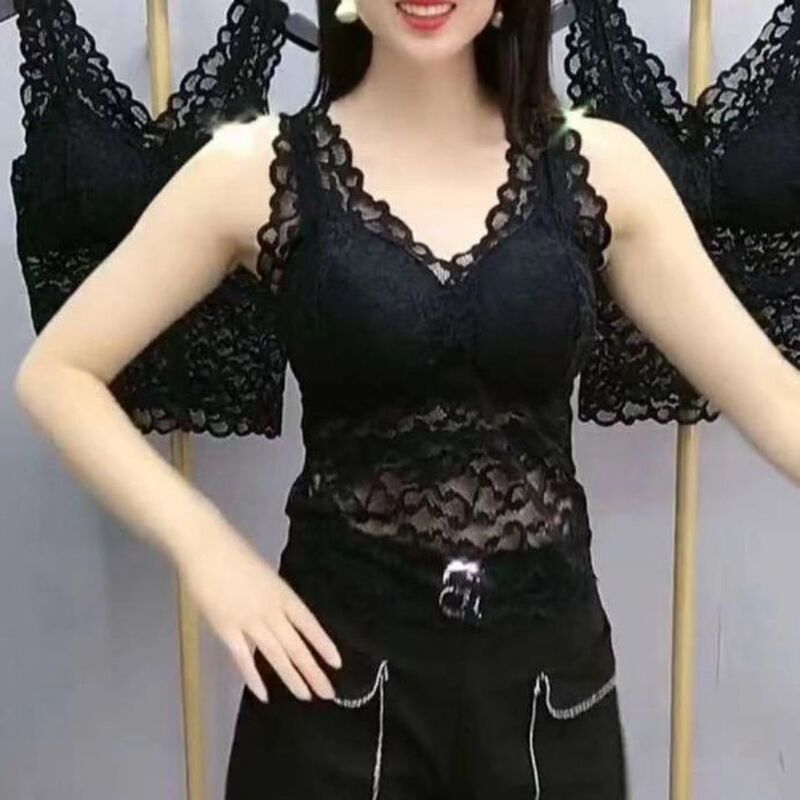 Summer and Autumn Thin Camisole for Women, New Style with Chest Pads, Solid Color Base Top, Slim Fit Mesh Lace Beautiful Back Underwear