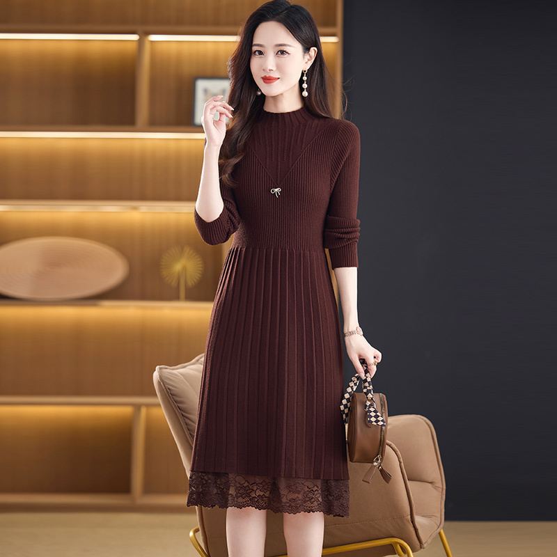 Lace Knitted Dress for Women, Mid-Length, Autumn and Winter, for Middle-Aged Mothers, Petite, Can Be Worn with a Coat or Sweater as a Base Layer Lace Knitted Dress for Women, Mid-Length, Autumn and Winter, for Middle-Aged Mothers, Petite, Can Be Worn with a Coat or Sweater as a Base Layer