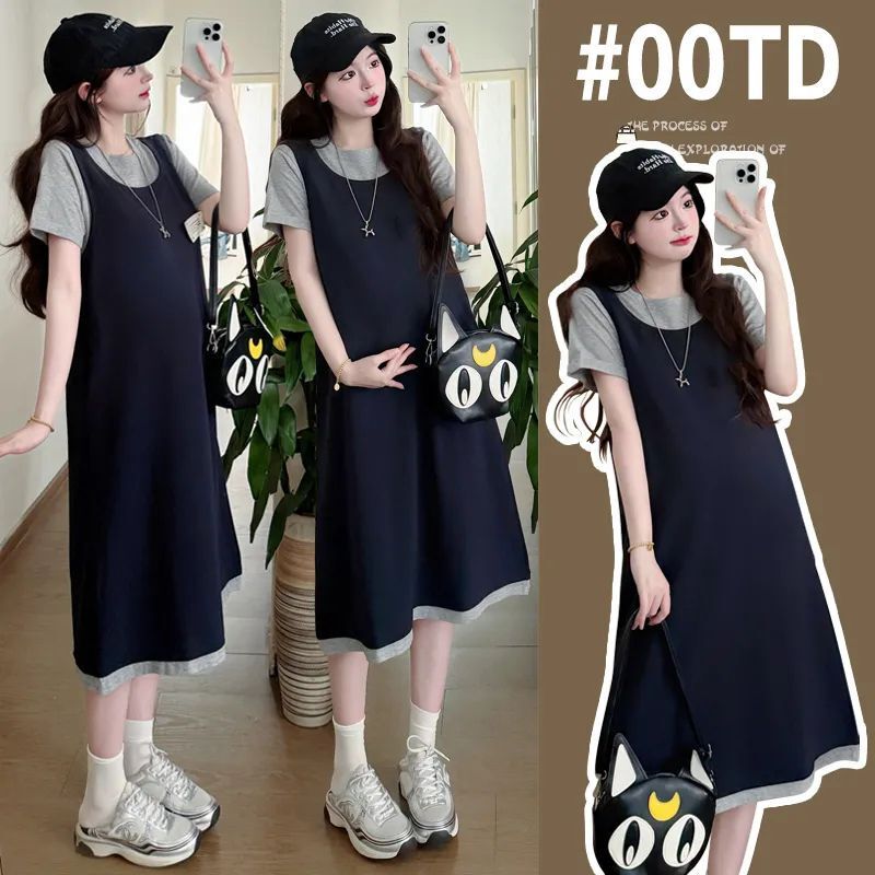 Fake Two-Piece Dress That Doesn'T Show Pregnancy, Casual Maternity Wear, New Summer 2026 Fashion Loose Dress for Pregnant Women