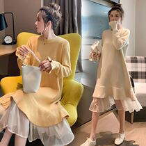Maternity Autumn Dress Spring and Autumn New Autumn Fashion Sweet and Versatile Sweater Dress Long Style Internet Celebrity Mid-Length Style