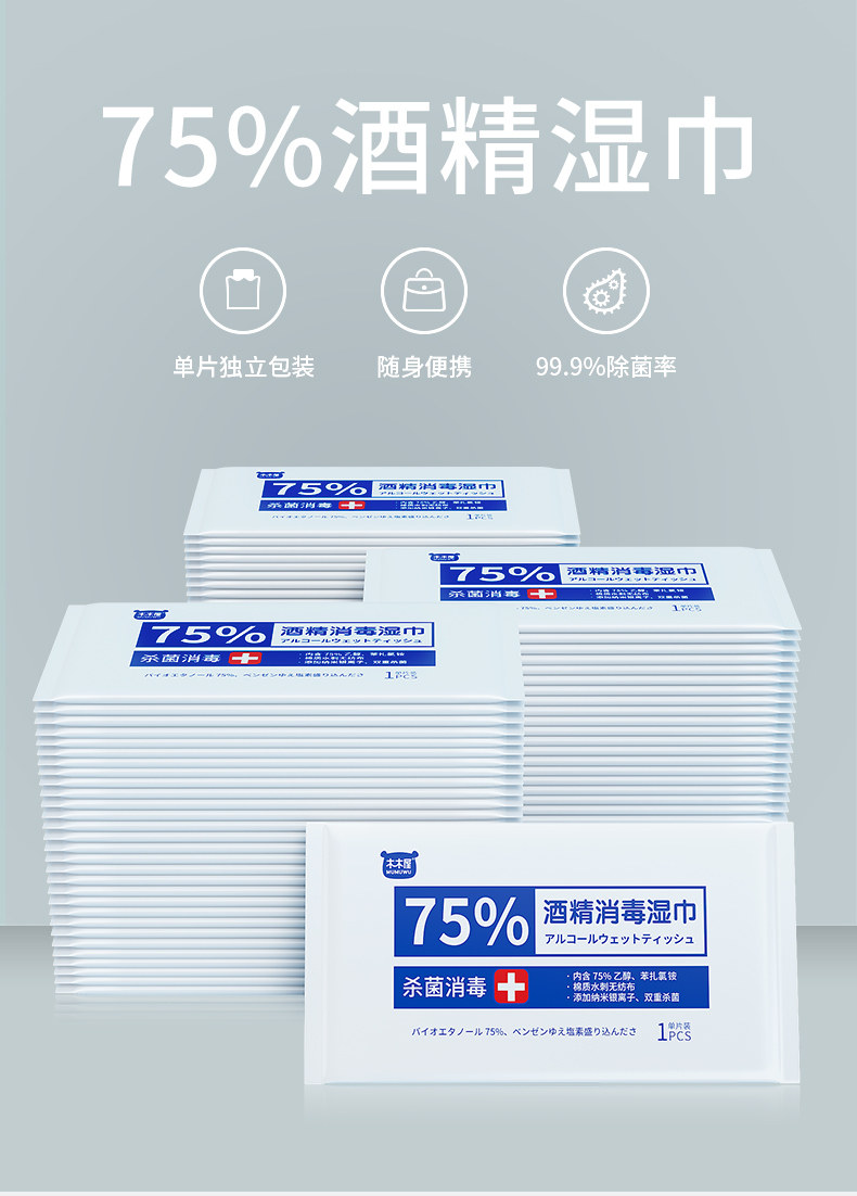 木木屋 随身装75度酒精消毒湿巾 100片 图1