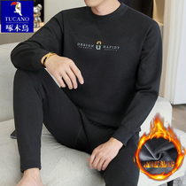 Woodpecker thickened velvet thermal underwear mens fathers suit autumn and winter cold protection middle-aged half turtleneck autumn coat and autumn trousers
