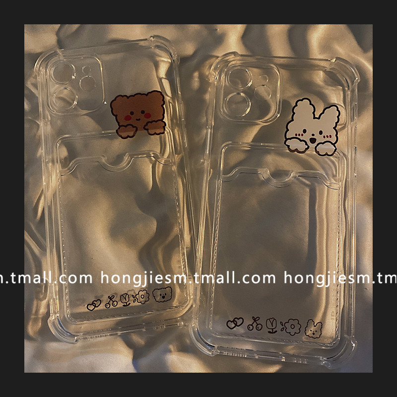 Minimalist Little Bear bunny card bag applicable iphone13 12pro max apple 11 transparent silicone phone protective shell xr xsmax cartoon 7 8plus female tide