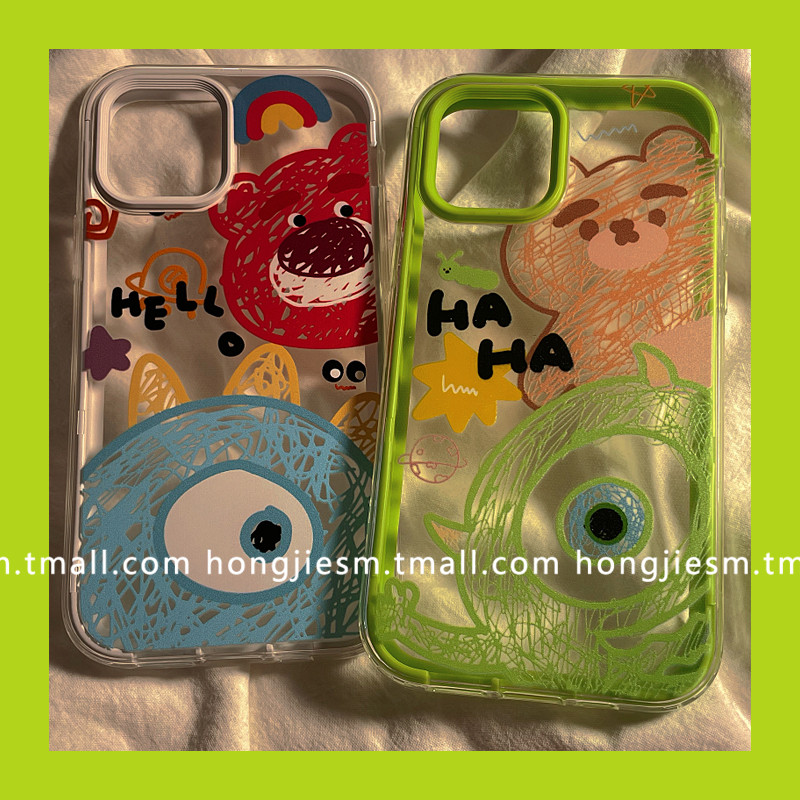 Graffiti big-eyed strawberry bear applicable iphone13 12pro max apple 11 mobile phone protection shell xr xsmax transparent silica gel 7 8plus cartoon SE