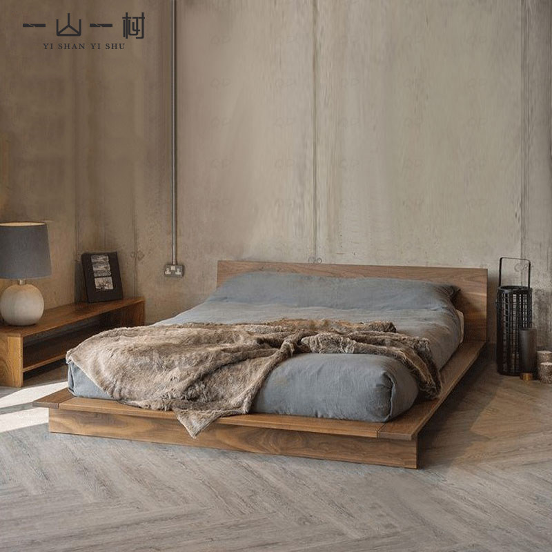 Nordic solid wood bed Japanese-style tatami 18m master bedroom double bed walnut modern minimalist 15m queen bed