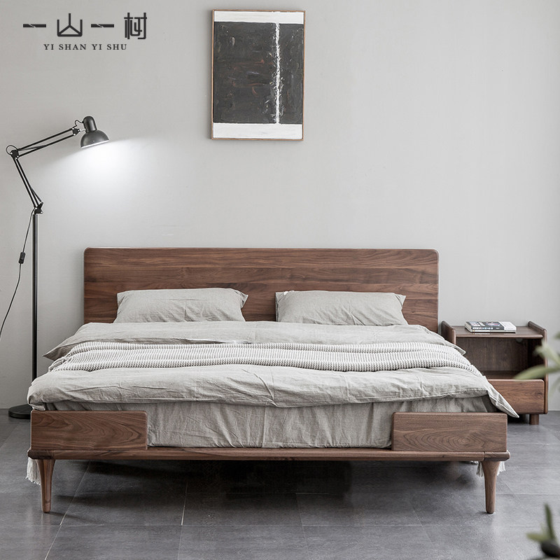 Nordic full solid wood double bed black walnut modern minimalist master bedroom king bed 1 8 m 2 m Japanese log wedding bed
