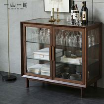 Nordic Solid Wood Dining Side Cabinet Modern Minima Black Walnut Wood Red Wine Cabinet Living-room Tempered Glass Display Cabinet Tea Water Cabinet