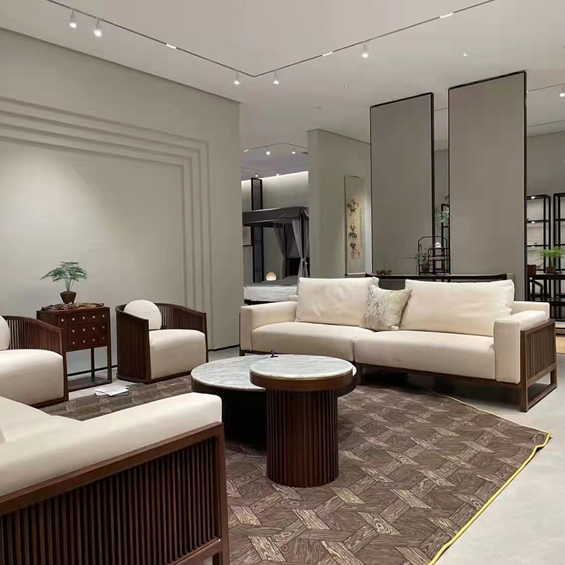 New Chinese style solid wood sofa combination large and small apartment living room modern minimalist hotel Qumei everything black walnut leather