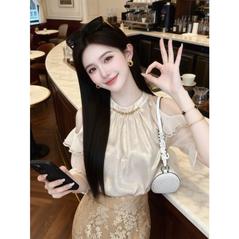 Off-Shoulder Chiffon Shirt for Women, 2026 Summer New Style, Loose and Versatile, Chic and Beautiful, Beaded Acetate Satin Top Off-Shoulder Chiffon Shirt for Women, 2026 Summer New Style, Loose and Versatile, Chic and Beautiful, Beaded Acetate Satin Top