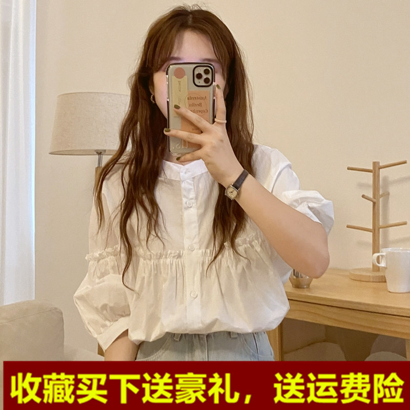 Doll collar vintage shirt women's summer French sweet age reduction shirt bubble short sleeves design feeling top chic shirt