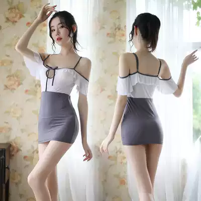 Sexy pajamas female lingerie ruffled off-the-shoulder short skirt hot transparent suspenders nightgown seduction nightgown