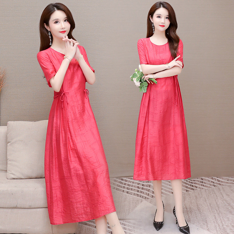 Round Collar Ocean Dress Summer Dress 2021 New Women's Fit Temperament High-end Famous Hime Wind Over Knee Snowspun Long Skirt