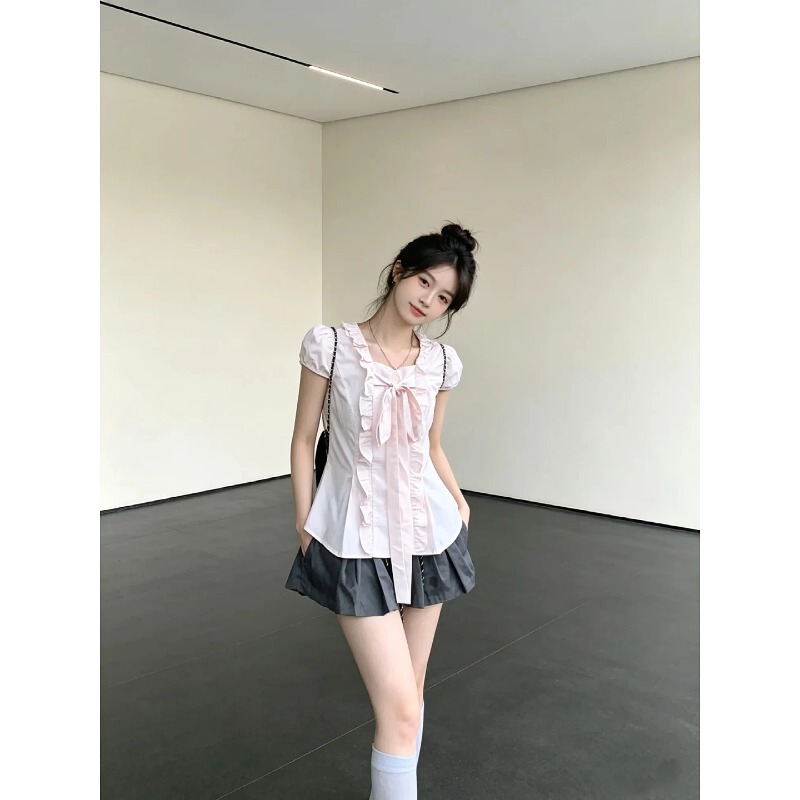 Plus-Size Cute Girl Pink Ruffled Bow Short-Sleeve Shirt for Women, Summer Slim-Fit Top