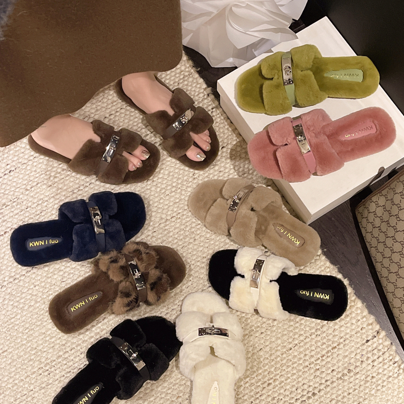 Gentle Style Furry Slippers for Women 2026 Autumn and Winter Outdoor Wear Flat Non-Slip Warm Plush Home Slippers with a High-End Feel