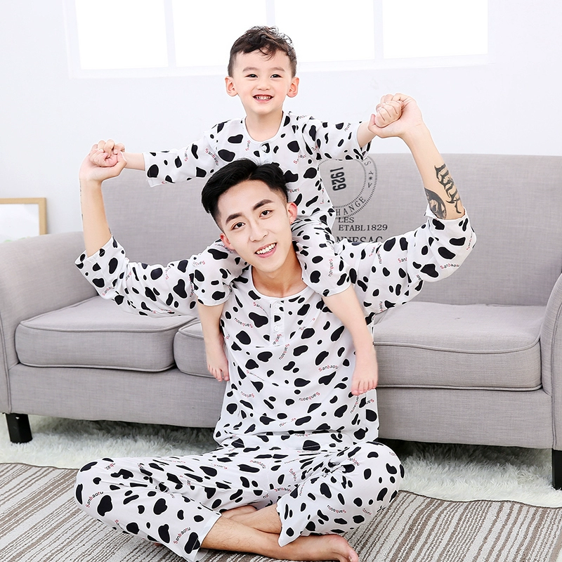 Bộ đồ ngủ cotton lụa mùa hè bé trai dài tay siêu mỏng phù hợp với bé trai quần áo cotton lụa điều hòa mùa hè quần áo cha mẹ mặc - Trang phục dành cho cha mẹ và con