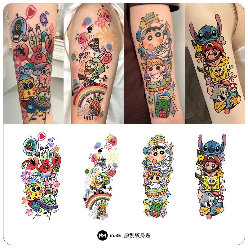 8 Cute Spongebob Cartoon Tattoo Stickers for Men and Women, Long-Lasting, Waterproof, High-End, Colorful Arm Stickers